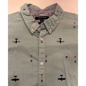 Tommy Hilfiger Slim Fit Short‎ Sleeve Button Up Shirt Size XL Airplanes